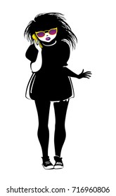 Stylish girl having a conversation using her smartphone. Vector illustration of a flat design template.