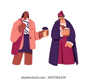 Stylish girl in headphones stands with takeaway coffee in paper cup. People hold hot takeout drink, cappuccino. Friends carry warm tea at walk. Flat isolated vector illustration on white background