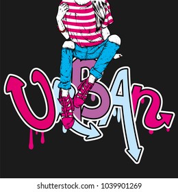 A stylish girl in high-heeled shoes, jeans and a fashion bag sits on a skateboard. Vector illustration. Fashion, style, clothing and accessories.