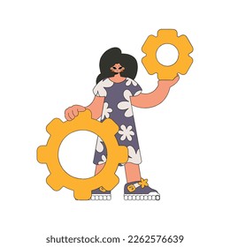 Stylish girl is holding gears. Idea theme.