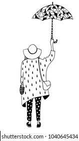 Stylish girl holding opened umbrella, back view. Hand drawn vector black and white illustrations. Cartoon, doodle.