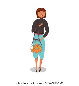 Stylish girl holding a string bag eco grocery bag. Zero Waste. Ecological no plastic bags concept. Reusable shopping bag. Vector flat illustration