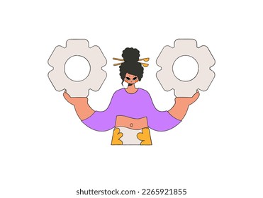 Stylish girl holds gears in her hands. Idea theme.