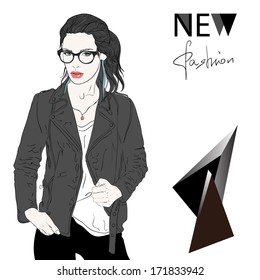 Stylish girl in leather jackets new look vector illustration