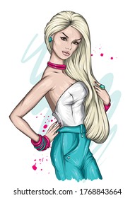 Stylish girl with long hair in a beautiful top and pants. Fashion clothes and accessories, fashion and style. Vector illustration.