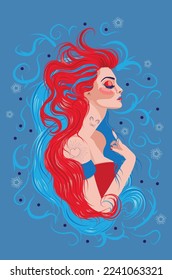 Stylish girl with long hair of red and blue color.