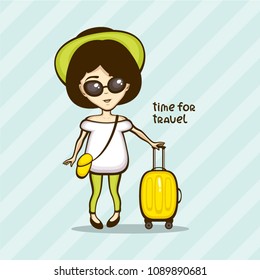 Stylish girl with luggage bag on turquoise background. Vector illustration. Woman in summer hat and sunglasses with suitcase. Time to travel.