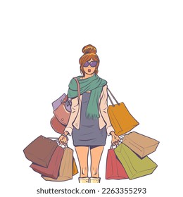 Stylish girl with many packages. Shopping in malls.