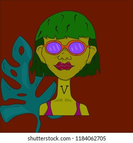 Stylish girl on a background of a plant. Vector illustration in cartoon style