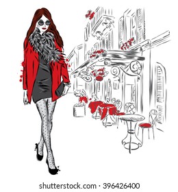 Stylish girl on a city street. Vector illustration.