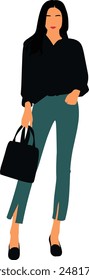 Stylish girl posing with handbag wearing shirt and pant faceless full length flat vector illustration