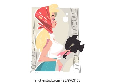 Stylish girl with professional camera vector illustration. Woman in hair scarf holding rarity photocamera flat style. Photographer, retro, vintage concept. Isolated on white background