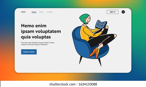 Stylish girl reading book at home. Student sitting in armchair with book flat vector illustration. Studying, homework, book lover concept for banner, website design or landing web page