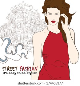 Stylish girl in red dress on the street vector illustration