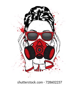 Stylish girl in a respirator for graffiti. Vector illustration.