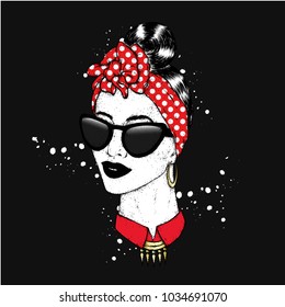 Stylish girl with retro hairstyle, with a bow and glasses. Vector illustration. Fashion & Style.