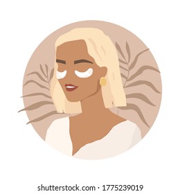 A stylish girl, short-haired blonde, uses patches for skincare. Anti-aging care, hydration, elimination of dark circles under the eyes, reviews of cosmetics, blogger. Vector illustration in flat style