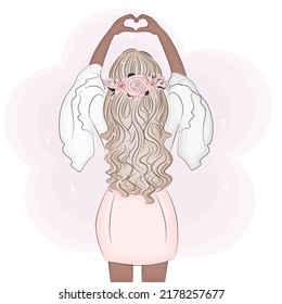 Stylish girl shows heart from the back, fashion vector illustration, textile print