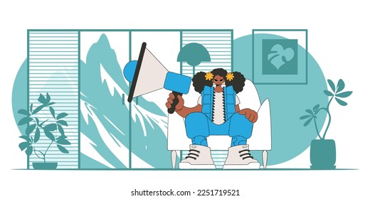Stylish girl sits in a chair and holds a megaphone in her hand. Good for job search topics.