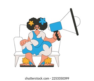 Stylish girl sits in a chair and holds a megaphone. Suitable for use in communications or protest thematic projects.