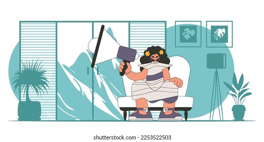 Stylish girl sits in a chair and holds a megaphone in her hand. Suitable for use in communications or protest thematic projects.