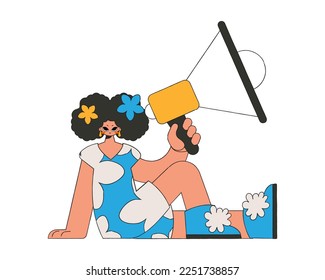 Stylish girl sits on the floor and holds a megaphone in her hand.