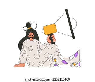 Stylish girl sits on the floor and holds a megaphone.