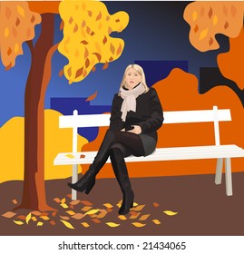 Stylish girl sitting on the bench in park. Vector illustration.