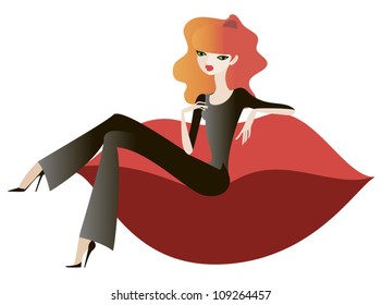The stylish girl sitting on a red couch