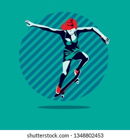 Stylish girl skater jump. Skateboard. Vector illustration for a postcard or a poster, print for clothes. Street cultures.