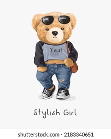 stylish girl slogan with cute girlish bear doll in blue jeans and sunglasses vector illustration