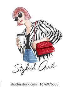 stylish girl slogan with girl in stripe jacket holding coffee cup illustration stylish girl slogan with girl in stripe jacket holding coffee cup illustration
