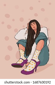 Stylish girl in socks and shoes sitting on the floor on beige background. Vector illustration for posters, wallpapers, magazines, backgrounds, etc.