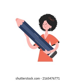 A stylish girl stands waist-deep and holds a large pencil. Isolated. Element for presentations, sites. Vector illustration