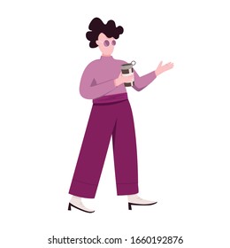 Stylish girl in sunglasses with thermo coffee cup flat color vector faceless character. Young woman holding thermos with hot drink isolated cartoon illustration for web graphic design and animation