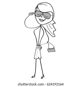 Stylish Girl with Sunscreen Glasses & Handbag & High Heel Shoes Isolated on White Background. Beauty Concept. Sketch Vector Illustration