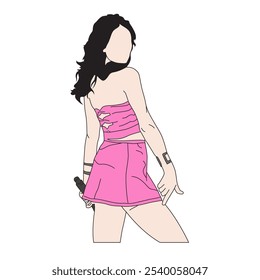 stylish girl vector illustration posing and holding microphone singing in sexy pink dress, korean kpop style woman illustration, kpop idol cartoon line drawing
