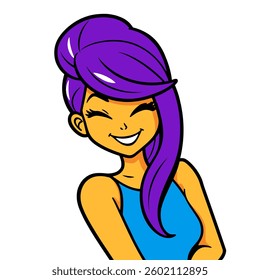 A stylish girl with vibrant purple hair and a cheerful smile