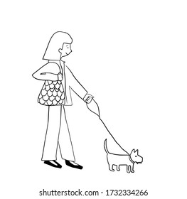 Stylish girl walking a dog on a dog walking leash. Vector for pet shop or store, dog logos, badges and label design templates.For cards, posters, stickers  and professional design.

