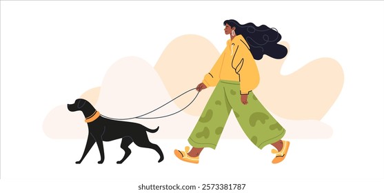 Stylish girl walking with a large black dog. She wears trendy clothes, and her hair flows in the wind. Vector art, dynamic and minimalistic