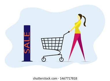 Stylish girl walks in with an empty cart to a discount store, flat design