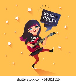 Stylish girl with We Love Rock ribbon. Rock&roll young star. Cute girl with green hair playing guitar and dancing on sky background. Vector colorful illustration in flat style.