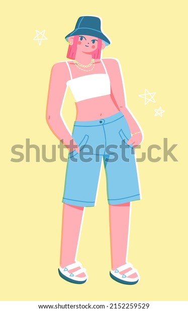 Stylish girl wearing bermuda\
shorts, bucket hat and sandals. Vector illustration of modern\
female fashion. Young woman in trendy outfit in colorful flat\
style.
