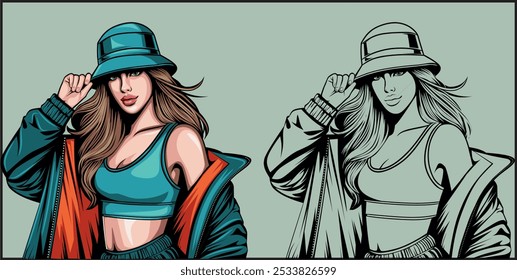 Menina elegante vestindo um top de corte com uma jaqueta verde e chapéu de balde. Ilustração vetorial da moda feminina moderna. Jovem mulher com roupa na moda em colorido 