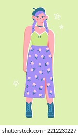 Stylish girl wearing a floral skirt, beret and boots. Vector illustration of modern female fashion. Young woman in trendy outfit in colorful flat style.