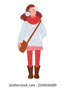 A stylish girl in a winter outfit. Warm headphones, a skirt and red polka-dot tights.