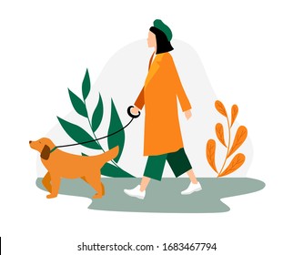 Stylish girl (woman) walking a dog in the park. Flat cartoon vector illustration. Web banner, landing page design, site.