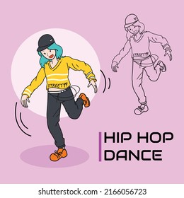 Stylish girl with yellow shirt and hip hop style apparel dancing. Fun and cool dancing pose with cartoon style vector illustration