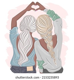 Stylish girlfriends or two sisters show with hands heart view from the back, friendship concept, fashion vector illustration, art, postcard, poster, interior design, textile print.