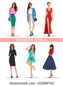 Stylish girls with accessories.  Fashion ladies clothes. Beautiful women set. Flat style vector illustration.